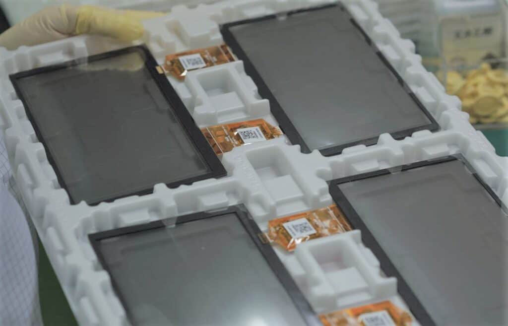 Touch panels loaded in a tray for final inspection